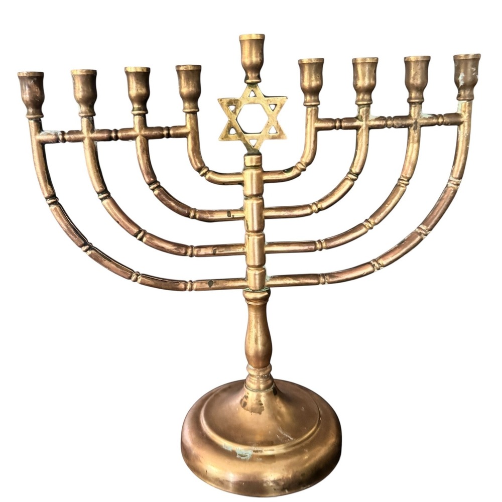 Brass Hanukkah Menorah Star of David 9 Branch Candle Holder 9" Vintage